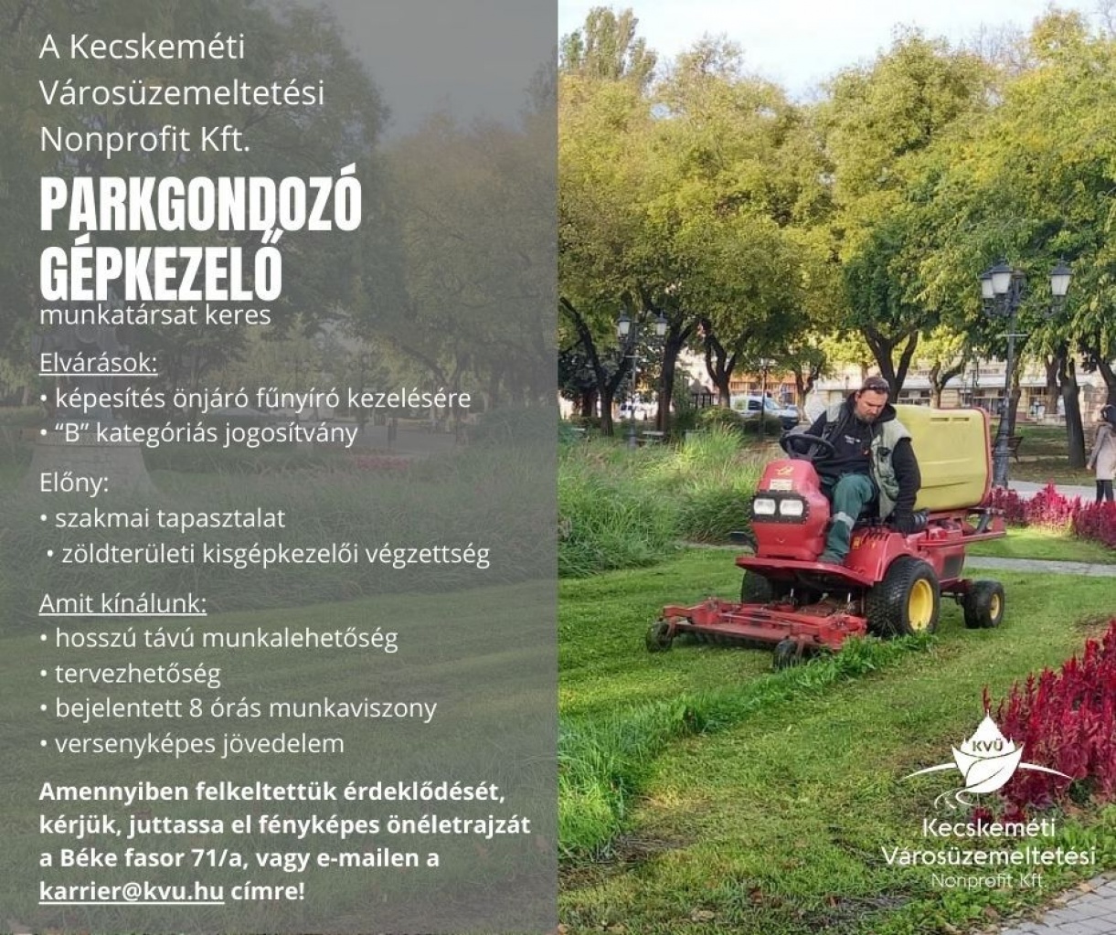 Figyelem! Álláslehetőség - parkgondozó gépkezelőt keresünk!