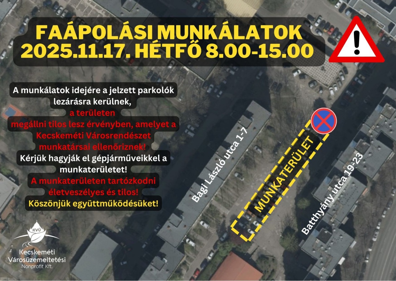 Hétfőn tilos lesz a megállás a Bagi László és a Batthyány utcai tömbházak közti parkolóban Hétfőn tilos lesz a megállás a Bagi László és a Batthyány utcai tömbházak közti parkolóban